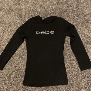 VINTAGE Rhinestone bebe 3/4 Sleeve Black Top